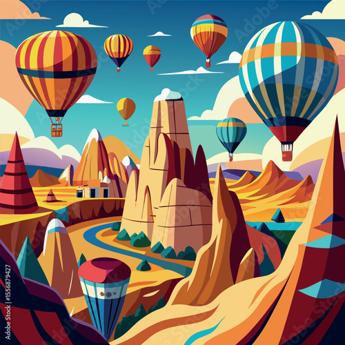 A dynamic vector scene of vibrant hot air balloons soaring over the iconic rock formations of Cappadocia, ideal for tourism, travel, or outdoor adventure concepts.