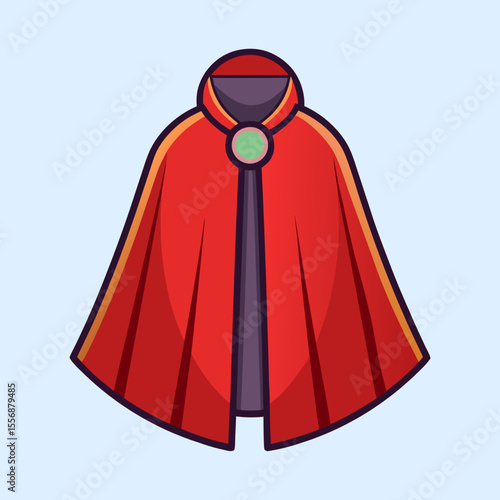 A red and hooded cape with a magical green emerald brooch