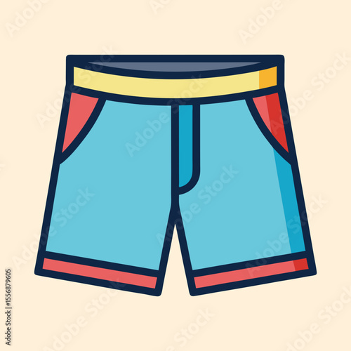Retro style cartoon swimming shorts, vibrant colors, summer apparel illustration