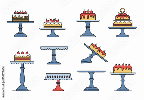 Illustration set of various cakes with cherries on different decorative stands, depicting a collection of sweet desserts and pastry displays.