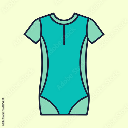 Teal Blue and Green Short Sleeve Bodysuit Swimsuit with Outlines Illustration