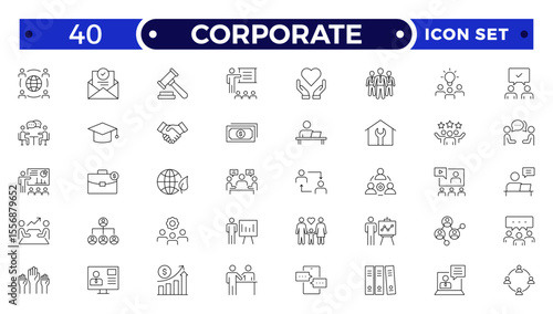corporate Outline icon set. Business, office, finance, management, law, legal, document, team, analysis, company, chart, graph, employee, HR, contract, tax, planning, symbol, icon.
