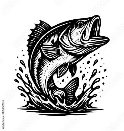 Illustration of a Jumping Bass Fish with Open Mouth in Black and White Vector