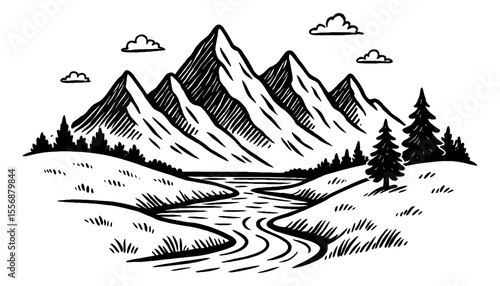 Scenic Mountain Landscape with River and Trees in Black and White Line Art Illustration