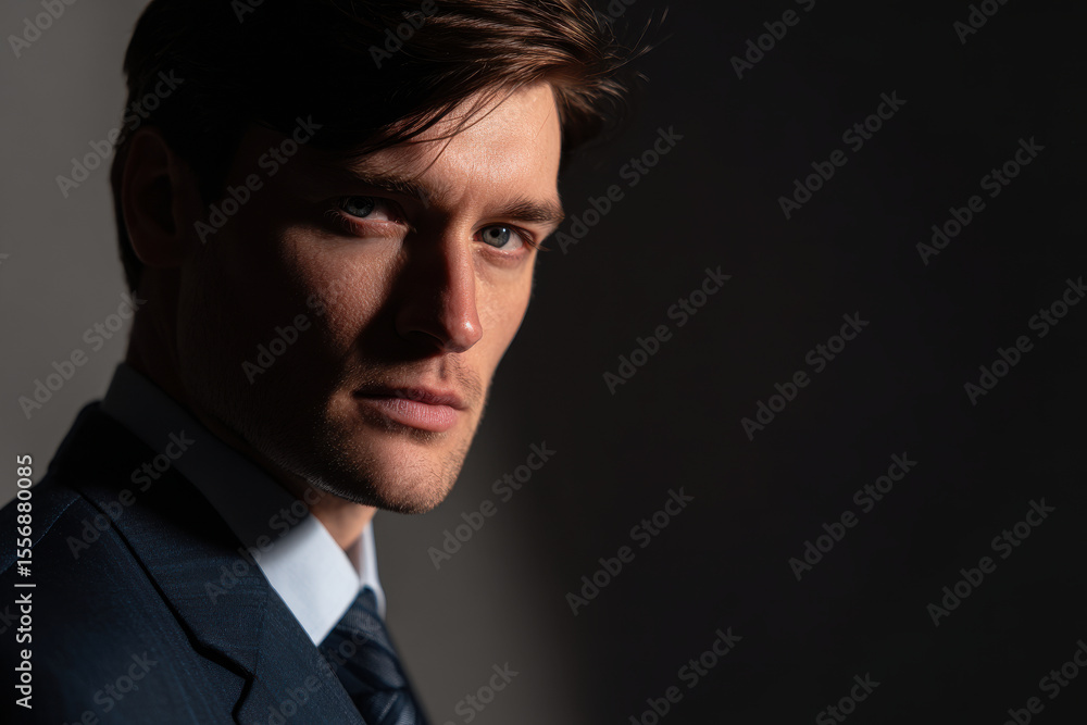 portrait of hydro engineer in formal business suit focusing on eyes and concentrated expression portrait of hydro engineer in formal business suit focusing on eyes and concentrated expression