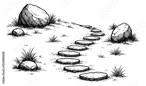 Hand Drawn Stepping Stones Path with Rocks and Grass in a Black and White Engraving Style