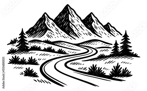 Mountain Landscape with Road and Trees, Hand Drawn Engraving Style Black and White Illustration