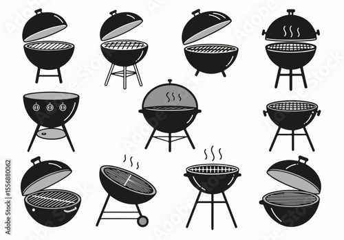 Set of Black and White Barbecue and Grill Icons Collection on White Background. Various BBQ Symbols for Outdoor Cooking, Summer Parties, and Picnics.