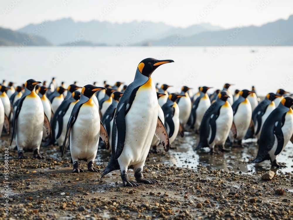 Fototapeta premium Lakefront Penguin Colony, Coastal Scene