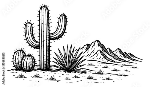 Black and White Landscape with Cactus and Mountains in Desert Scene Illustration