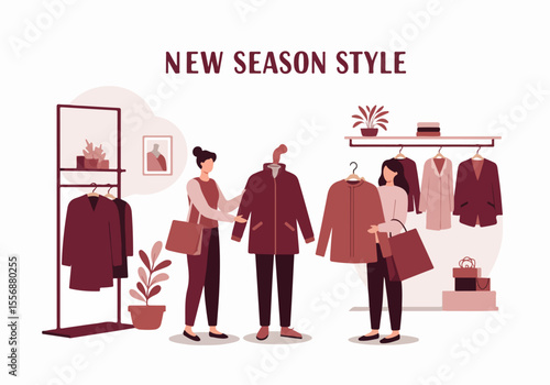 Illustration of women shopping for new season style clothing in a store, choosing coats and jackets.