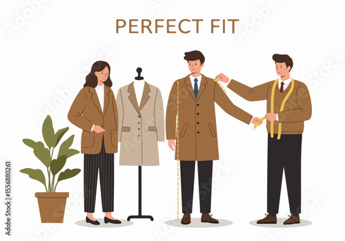 Tailor measuring a man for a perfect fit coat with a woman and mannequin present, illustrating custom clothing and bespoke fashion services.