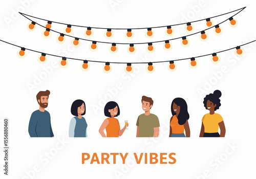 Diverse group of friends enjoying a party under festive string lights illustration.
