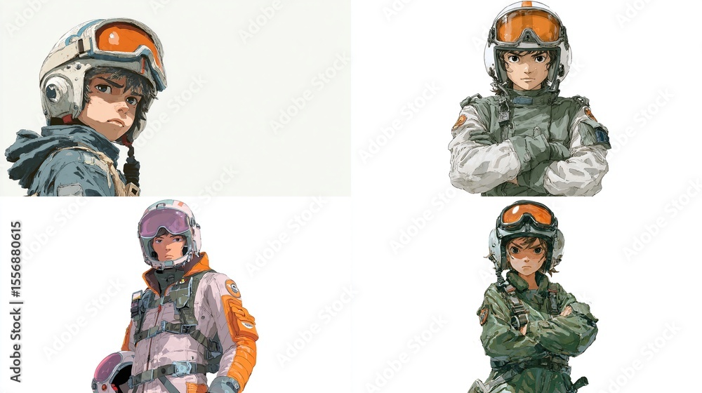 Naklejka premium Four pilots in helmets, rendered in anime-style with vibrant color scheme