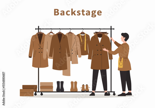 Illustration of a person working backstage, arranging coats and clothing on a rack in a dressing room setting for a fashion event or show