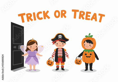 Cute children dressed as fairy, pirate, and pumpkin trick or treating on Halloween with candy buckets by a door.
