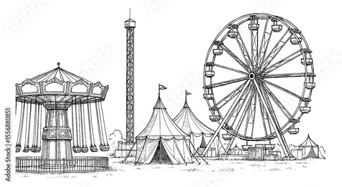Detailed Black and White Line Art of Amusement Park with Ferris Wheel and Carnival Tents