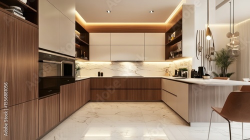 Modern kitchen design with warm tones