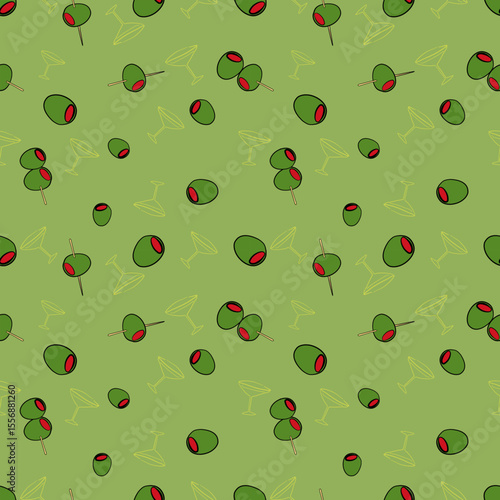 Seamless pattern green pimento olives martini cawaii creative minimalist art background