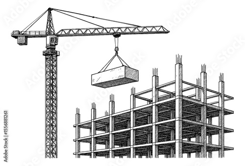 Sketch Illustration of a Construction Crane Lifting Building Materials at a Construction Site