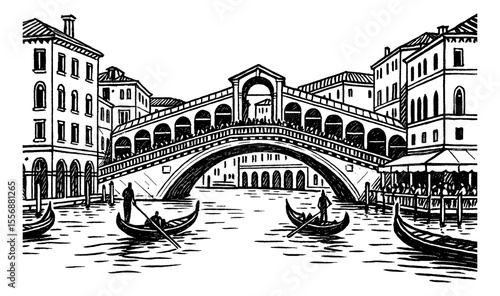 Rialto Bridge and Gondolas in Venice Italy Engraving Style Black and White Illustration