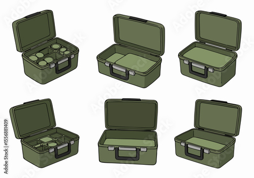 Collection of green storage boxes with open lids and varying interior layouts: empty, padded, and with dividers. Illustrated.