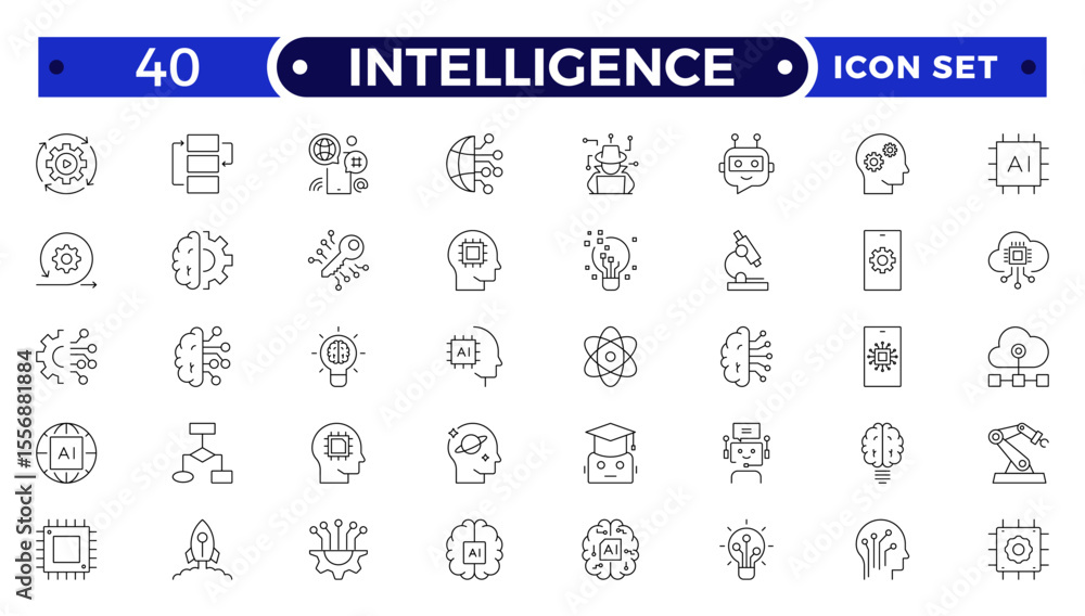 Intelligence Outline icon set. Containing Creative idea, brainstorming, solution, thinking, innovation and more. Intelligence Outline icon set. Containing Creative idea, brainstorming, solution, thinking, innovation and more.