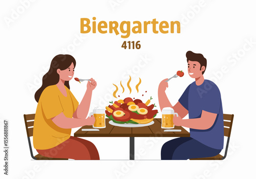 Happy couple enjoying a large meal and refreshing beer at a traditional German Biergarten during summer.