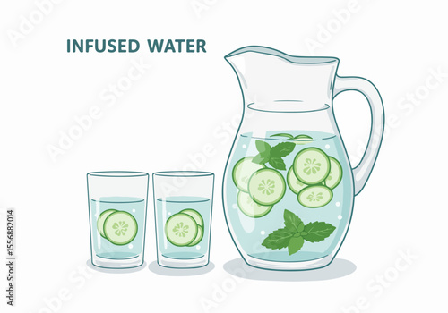 Illustration of Infused Water Pitcher and Glasses with Cucumber and Mint - Healthy Detox Drink