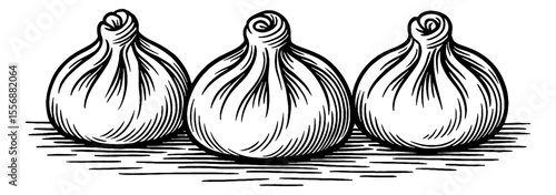Three Dumplings in Black and White Engraved Line Art Style Drawing