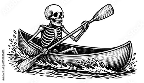 Skeleton Rowing Boat on Water in Engraving Style Black and White Illustration