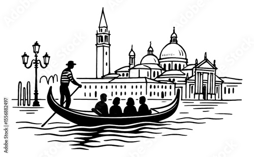Gondola Ride in Venice Italy with Silhouetted People and Buildings Black and White Illustration