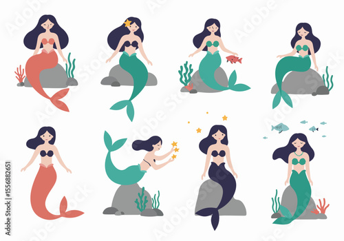 Cute cartoon mermaids sitting on rocks and swimming with underwater elements set