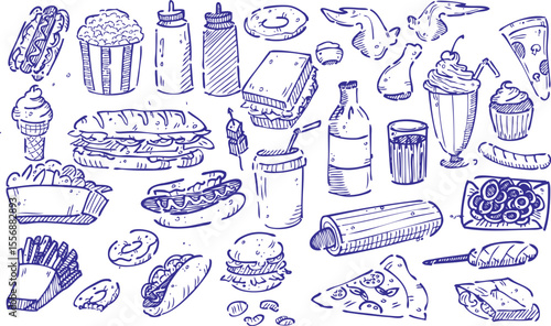 Hand-drawn fast food doodle set featuring burgers, pizza, fries, sandwiches, hot dogs, wings, soda, popcorn, ice cream, donuts, cupcakes, and snacks. Great for menus, packaging, party posters.