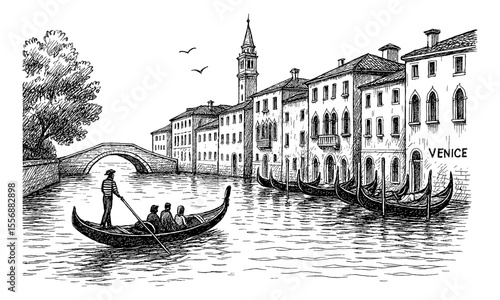 Venice canal scene with gondolas and buildings in detailed black and white engraving style