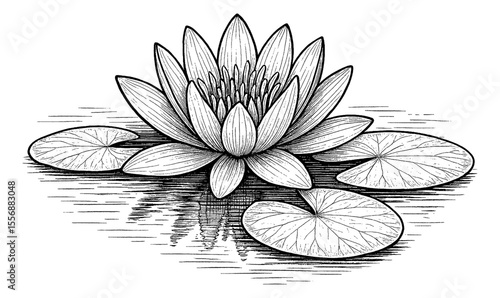 Detailed Line Art Illustration of Water Lily Flower with Leaves in Water