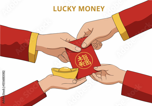 Traditional exchange of red envelope lucky money and gold ingot during Chinese New Year celebration.