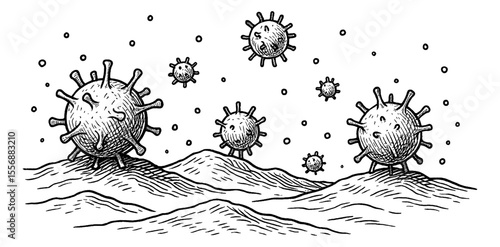 Illustration of Virus Cells on a Surface in Black and White Engraved Style