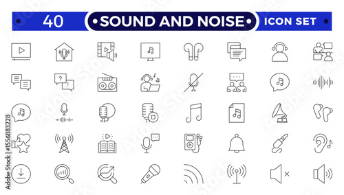 Sound and Noise Outline icon set. Sound waves, Equalizer, Audio waves, Radio signal, Music. Recording.