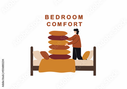 Illustration of a person arranging a large stack of pillows on a bed, symbolizing bedroom comfort and cozy relaxation at home.