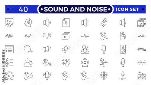 Sound and Noise Outline icon set. Sound waves, Equalizer, Audio waves, Radio signal, Music. Recording.