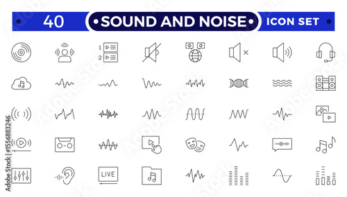 Sound and Noise Outline icon set. Sound waves, Equalizer, Audio waves, Radio signal, Music. Recording.