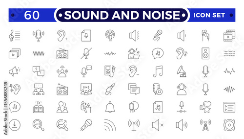 Sound and Noise Outline icon set. Sound waves, Equalizer, Audio waves, Radio signal, Music. Recording.