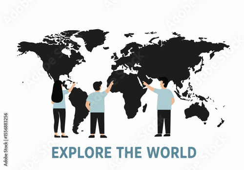 People pointing at a world map, exploring global connections and business expansion.