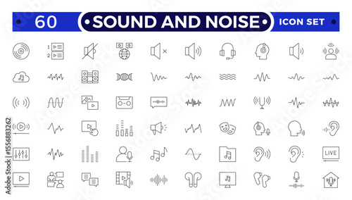 Sound and Noise Outline icon set. Sound waves, Equalizer, Audio waves, Radio signal, Music. Recording.