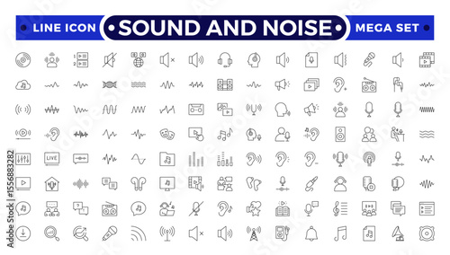 Sound and Noise Outline icon set. Sound waves, Equalizer, Audio waves, Radio signal, Music. Recording.