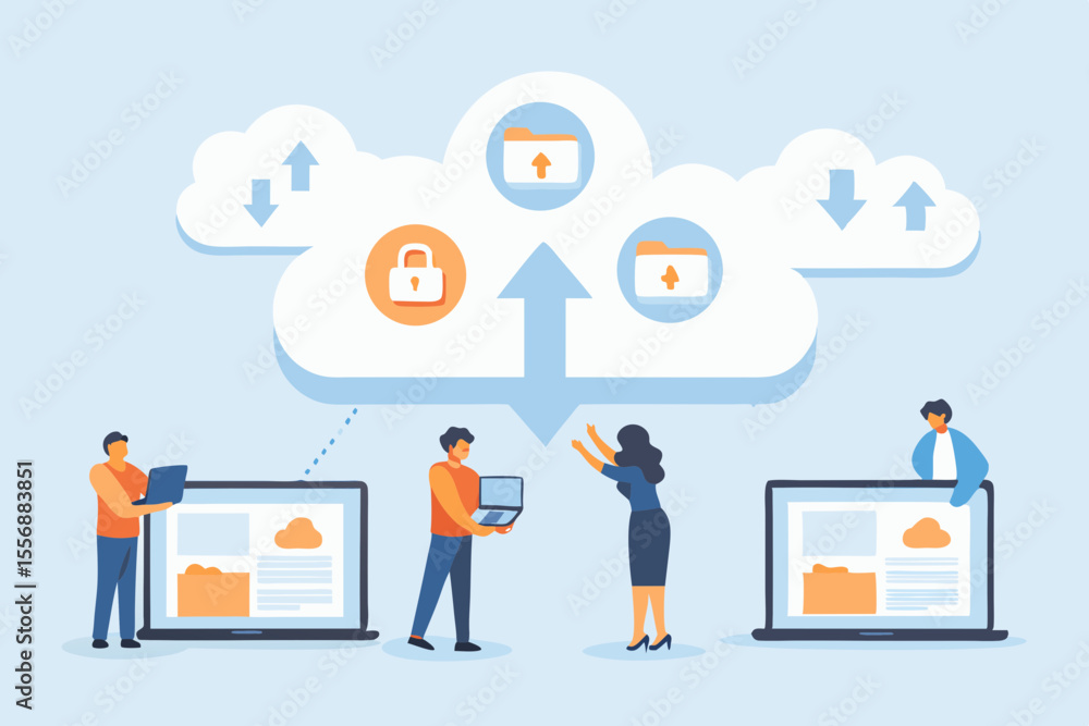 People collaborating and uploading data to secure cloud storage with laptops People collaborating and uploading data to secure cloud storage with laptops