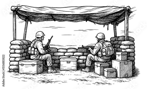 Two Soldiers in Trench, Armed and Ready, in Black and White Engraving Style Illustration