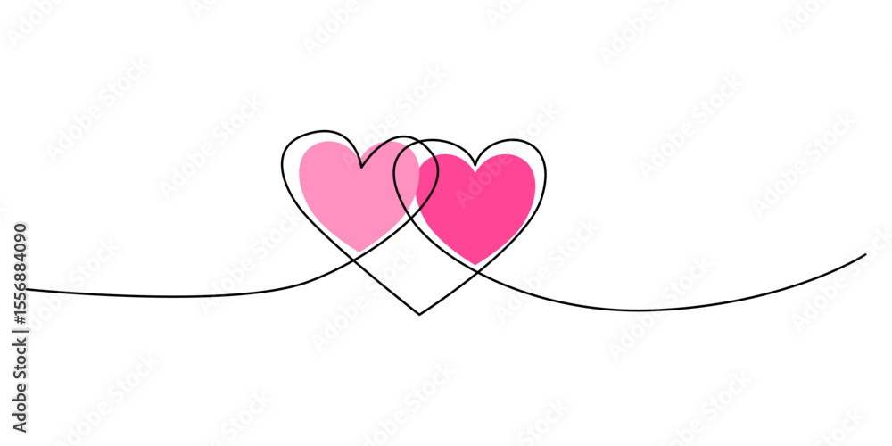 Fototapeta premium A continuous line drawing featuring two intertwined pink hearts on a white background. This minimalist and elegant one-line art illustration symbolizes love, connection, and harmonious relationships.