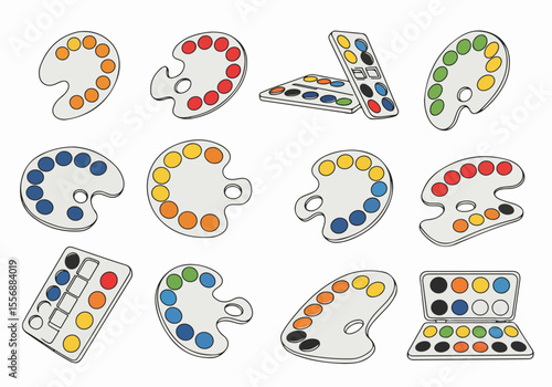 Collection of Colorful Paint Palettes and Watercolor Sets - Simple Illustration of Art Supplies for Creativity and Education